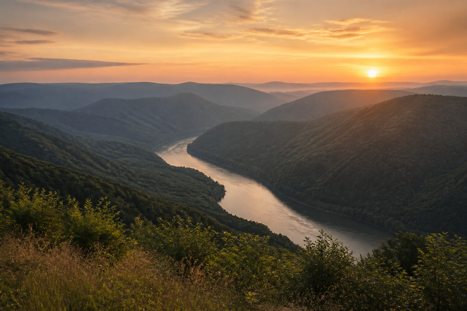 Rolling Appalachian mountains at sunset above a winding river in West Virginia