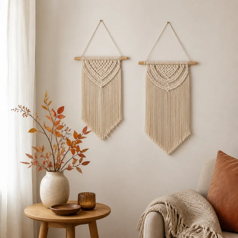 Original editorial illustration of two small neutral macrame wall hangings on a smooth wall