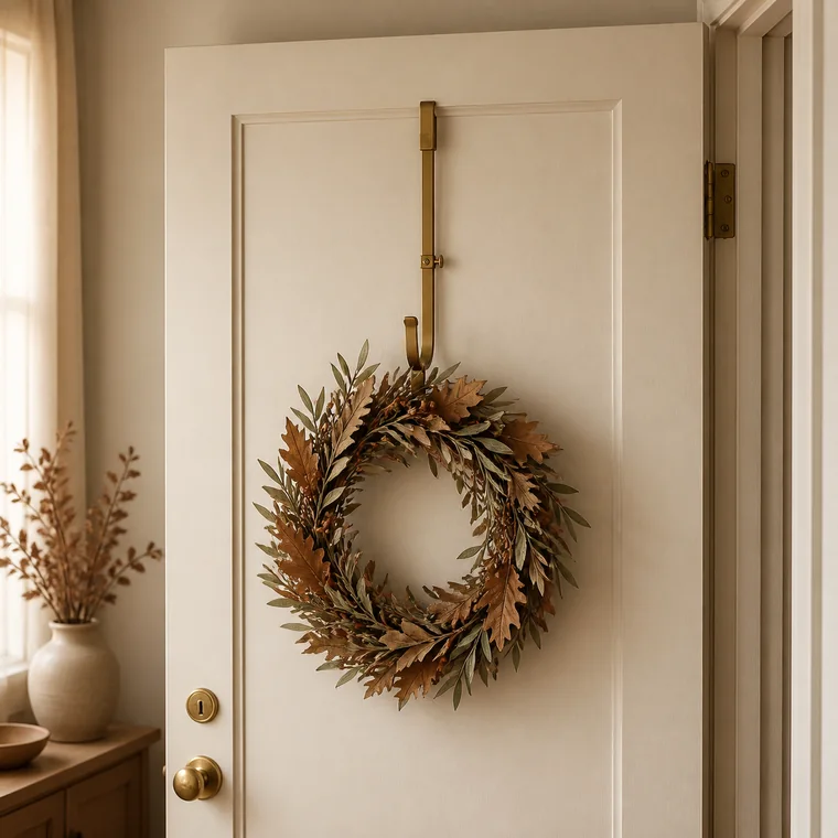 Original editorial illustration of a slim over-door hanger holding a simple autumn wreath