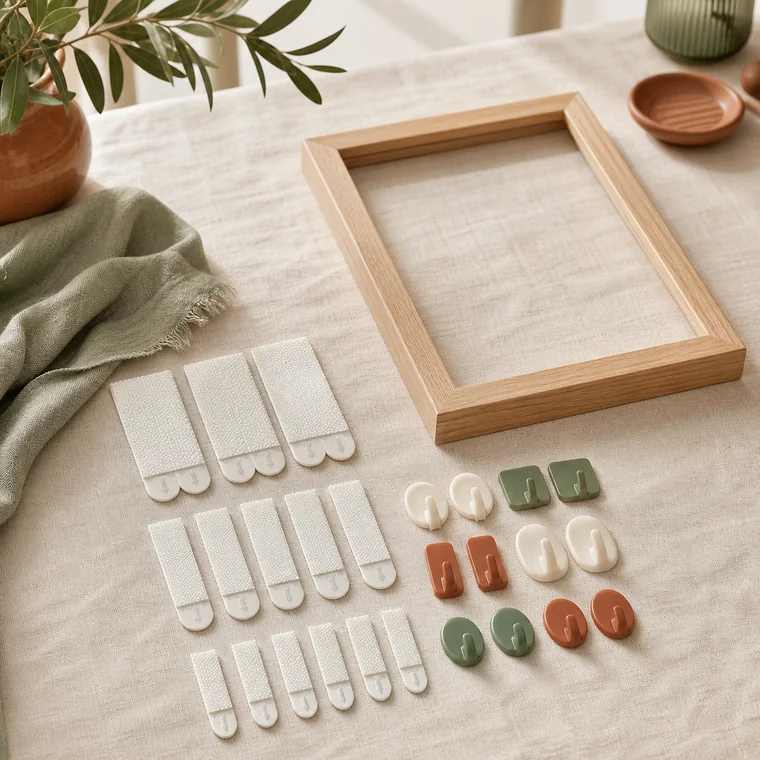 Original editorial illustration of removable hanging strips and small hooks beside a lightweight frame