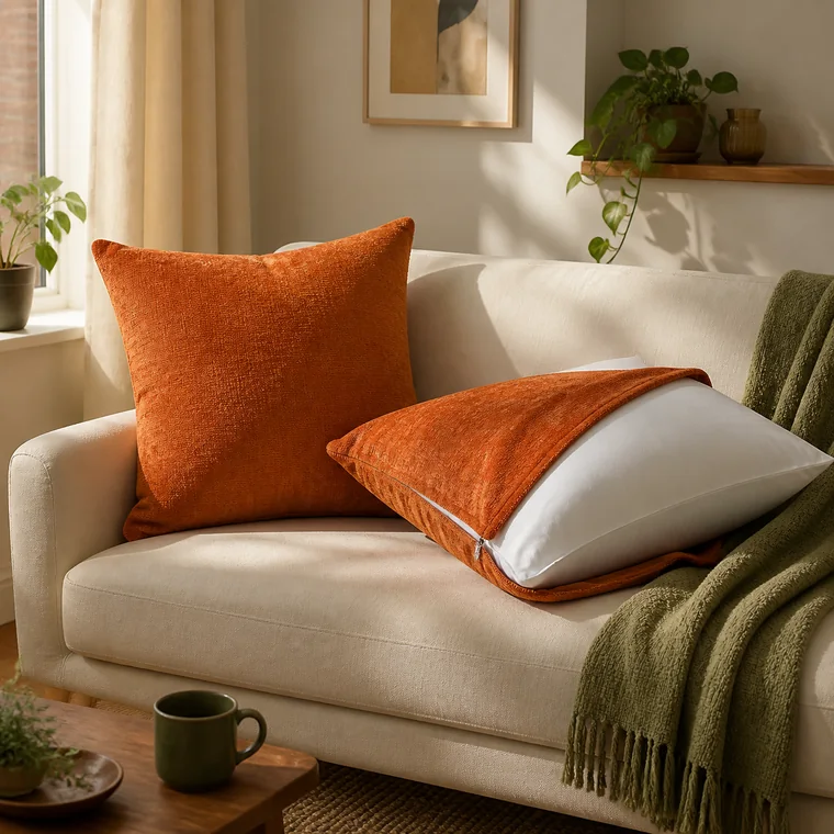 Original editorial illustration of burnt-orange textured pillow covers on a cream apartment sofa