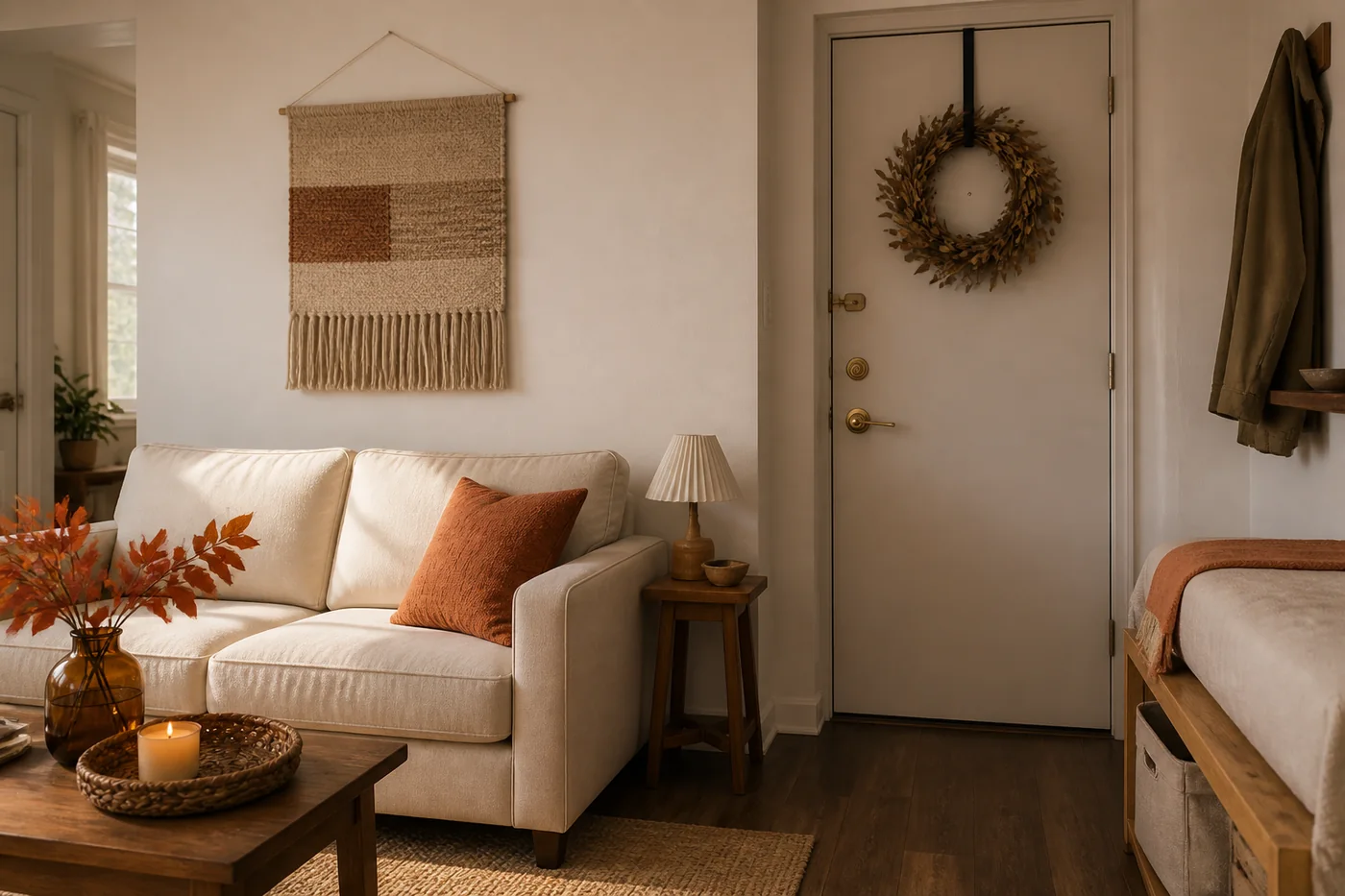 Original editorial illustration of a small rental apartment with a cream sofa, rust pillow, autumn wreath, and neutral wall hanging