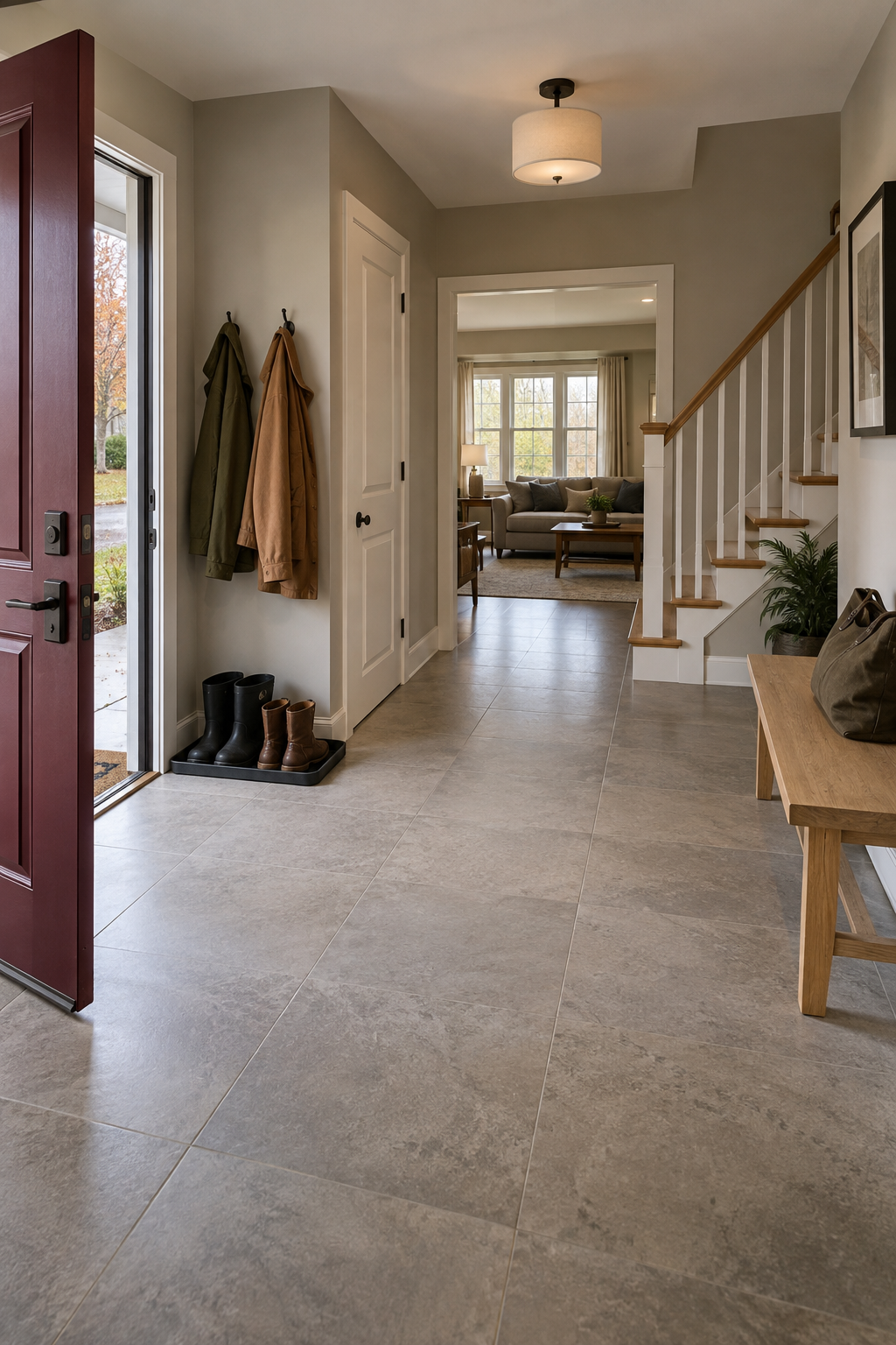 AI-generated foyer inspiration with a burgundy door, tile floor, stairway, coat hooks and a boot tray near the door, with a separate bench farther along the entry