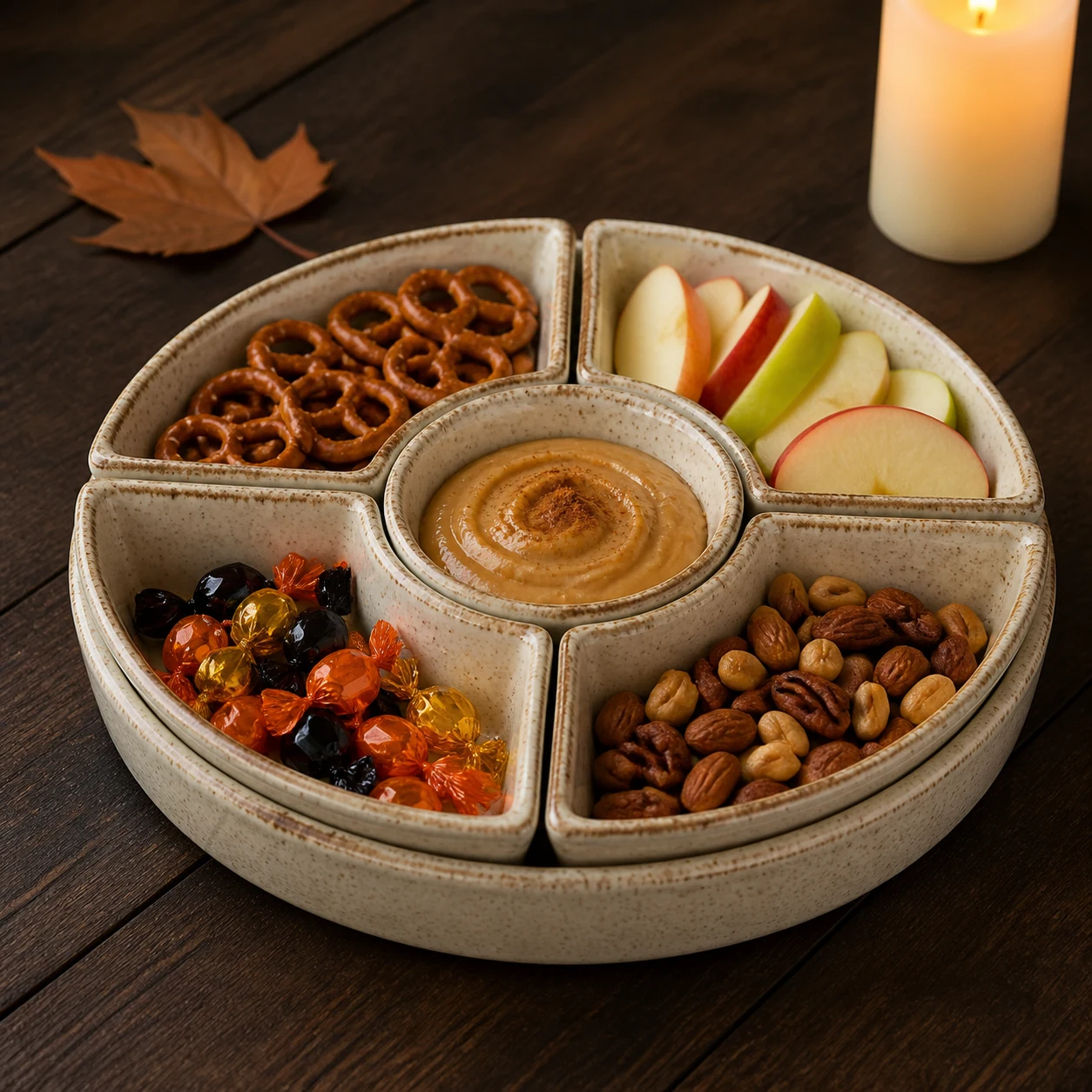 Original editorial image of a compact cream ceramic five-section snack set filled with simple autumn treats
