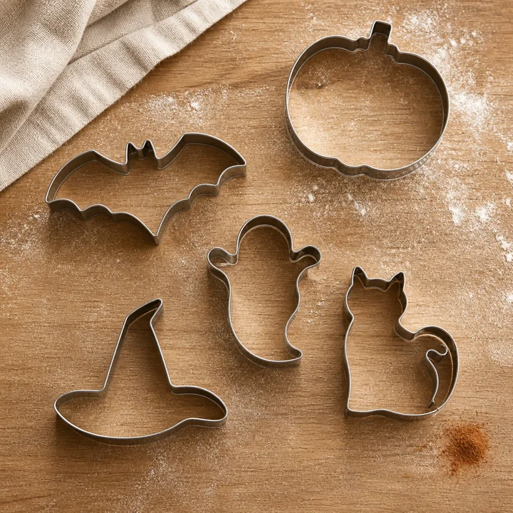 Original editorial image of five simple metal Halloween cookie cutters beside rolled dough