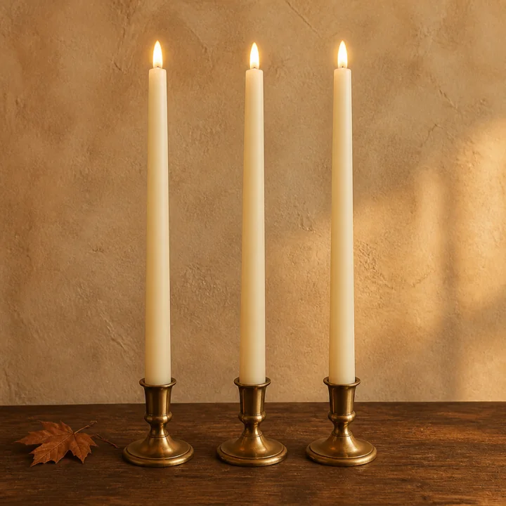 Original editorial image of ivory flameless taper candles glowing in simple dark holders