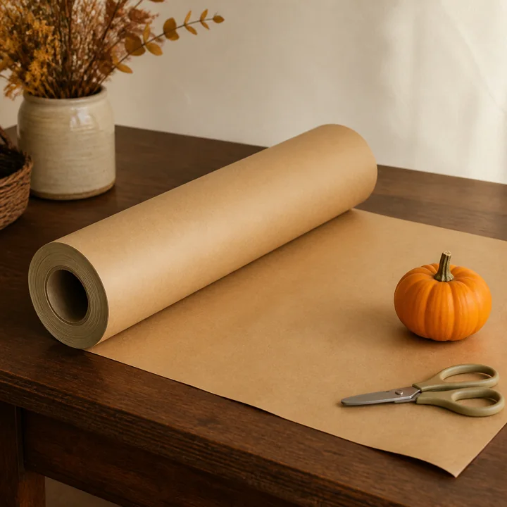 Original editorial image of a brown kraft-paper roll protecting a small Halloween craft table