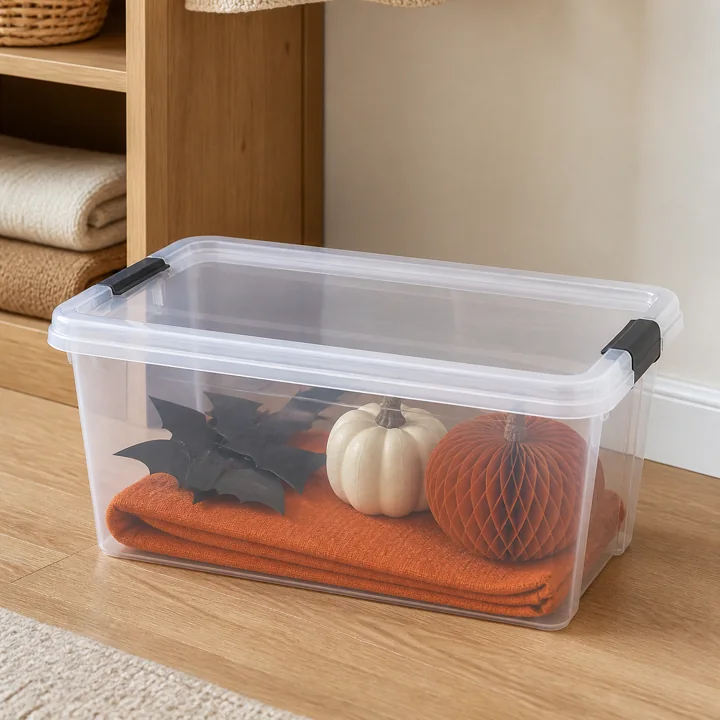 Original editorial image of a clear lidded storage bin holding a restrained set of Halloween items