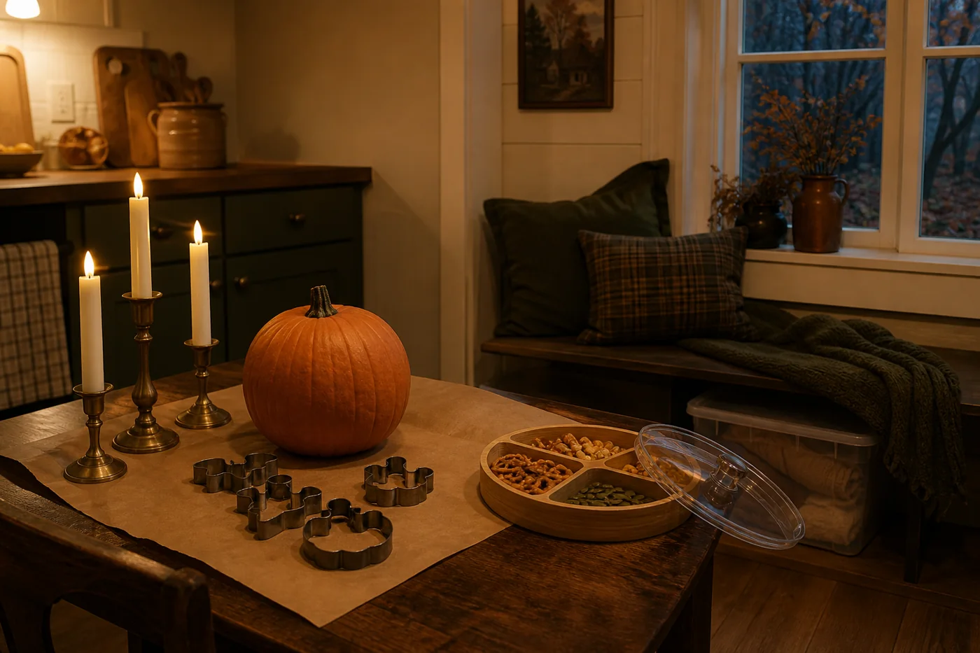 A warm cottage kitchen at dusk prepared for a simple Halloween evening with taper candles, cookies, paper crafts, snacks, pumpkins, and one clear storage bin