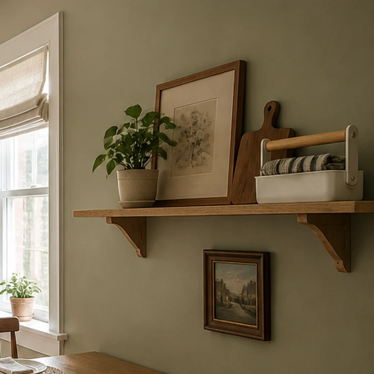 AI-generated editorial kitchen shelf with a slim white handled caddy holding folded dry napkins