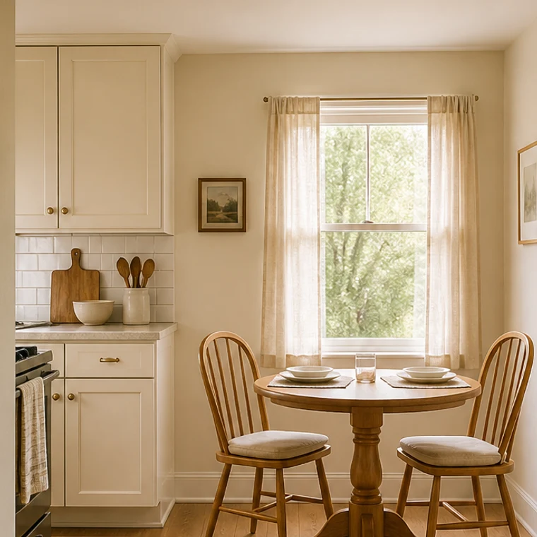 AI-generated editorial view of two wooden breakfast chairs with neutral seat pads in a small kitchen