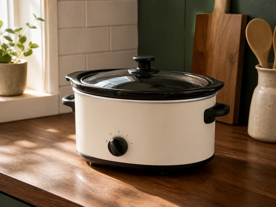 Original editorial image of a compact cream manual slow cooker on a clear kitchen counter