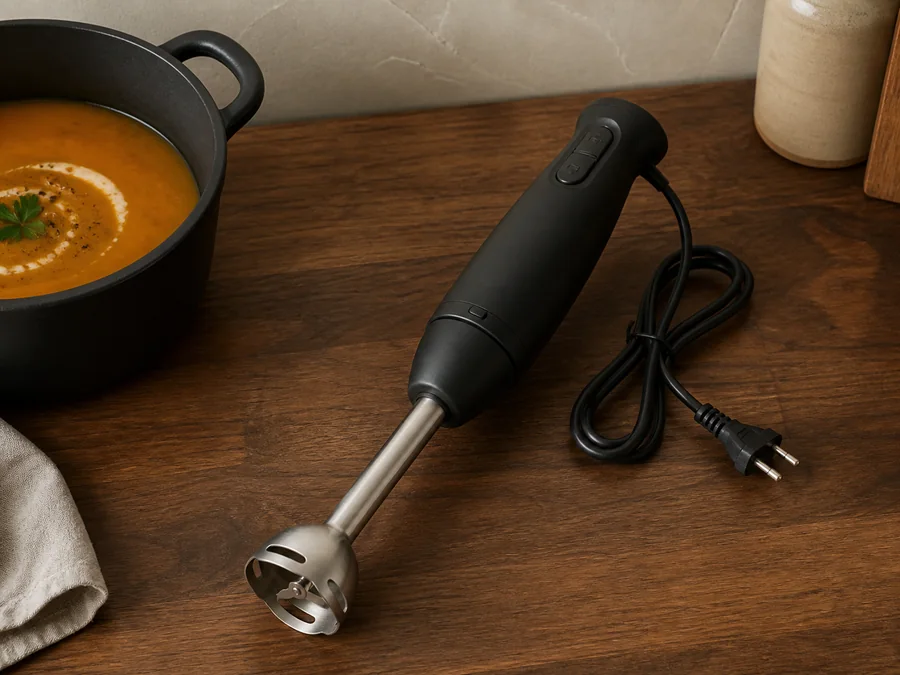 Original editorial image of a matte black and stainless immersion blender beside a pot of soup