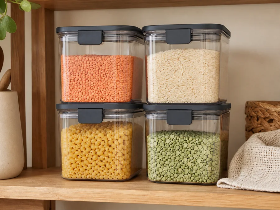 Original editorial image of four clear pantry containers holding lentils, rice, pasta, and split peas