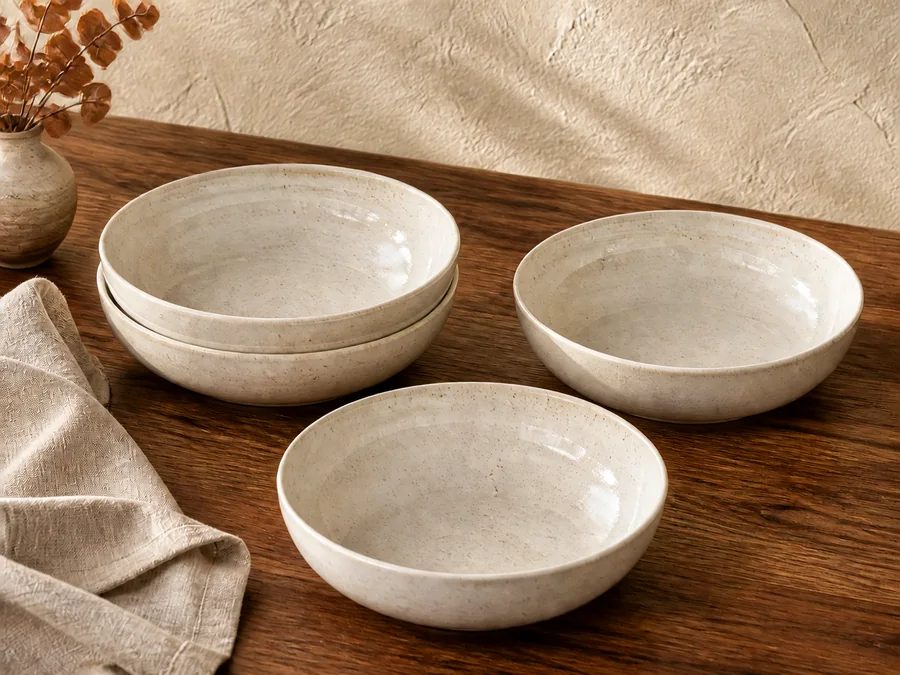 Original editorial image of four wide neutral soup bowls arranged on a warm wooden table