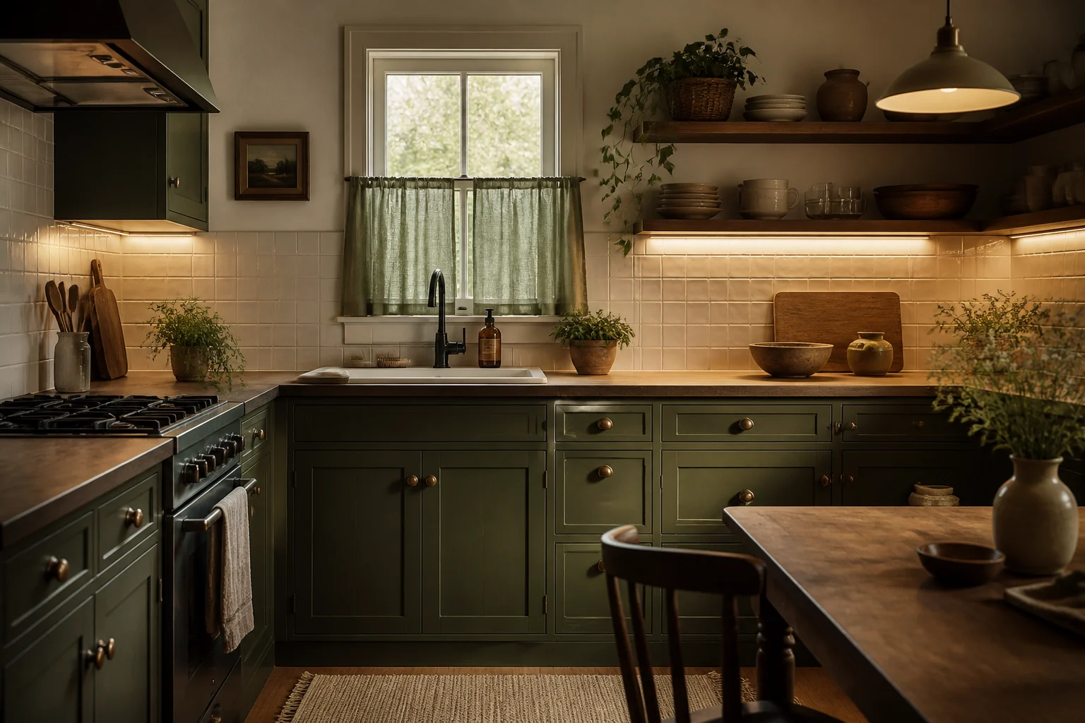 A warm dark cottagecore kitchen with deep olive cabinets, cream tile, walnut shelves, aged-brass knobs, sage cafe curtains, and glowing under-cabinet task lights