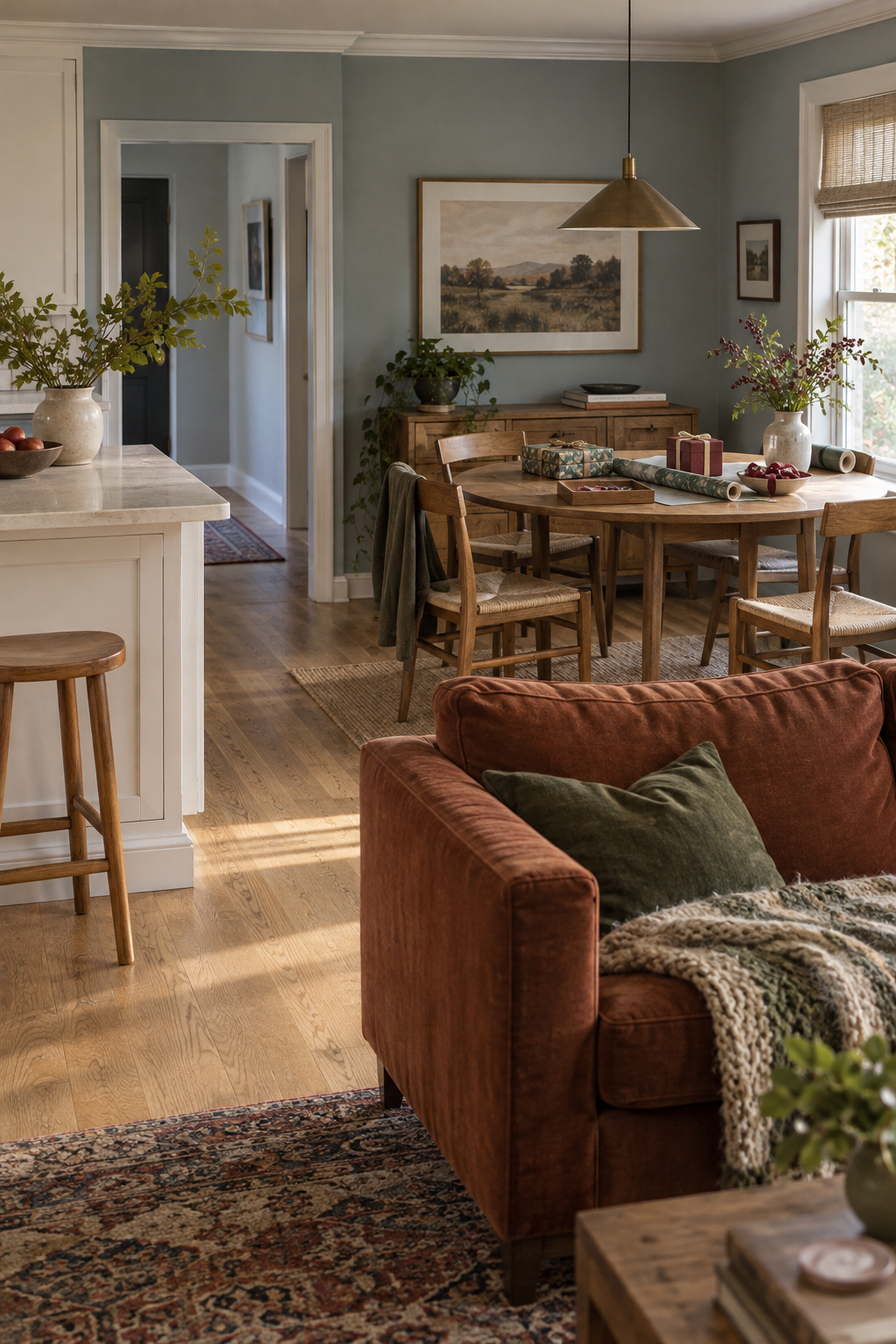 AI-generated room inspiration with a rust sofa in the foreground, an open-plan kitchen and a round wooden dining table holding wrapped gifts, paper rolls and a small tray