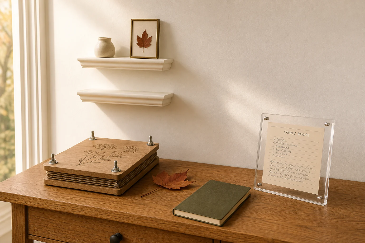 A calm early-fall home corner with two small keepsake ledges, a wooden flower press, a dry maple leaf, a nature journal, and a copied family recipe in a clear tabletop frame