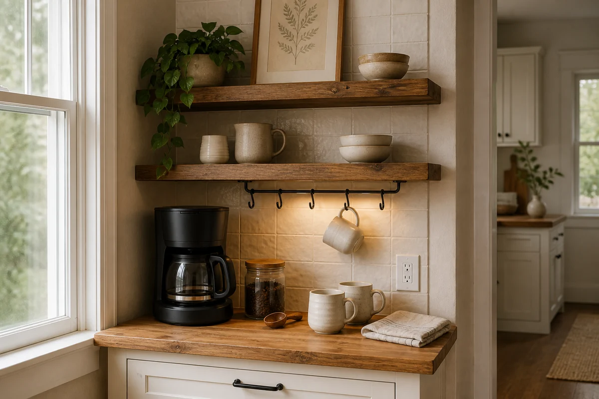 A compact farmhouse coffee bar with warm wood shelves, a black drip coffee maker, a glass coffee canister, cream mugs, and wall-mounted hooks