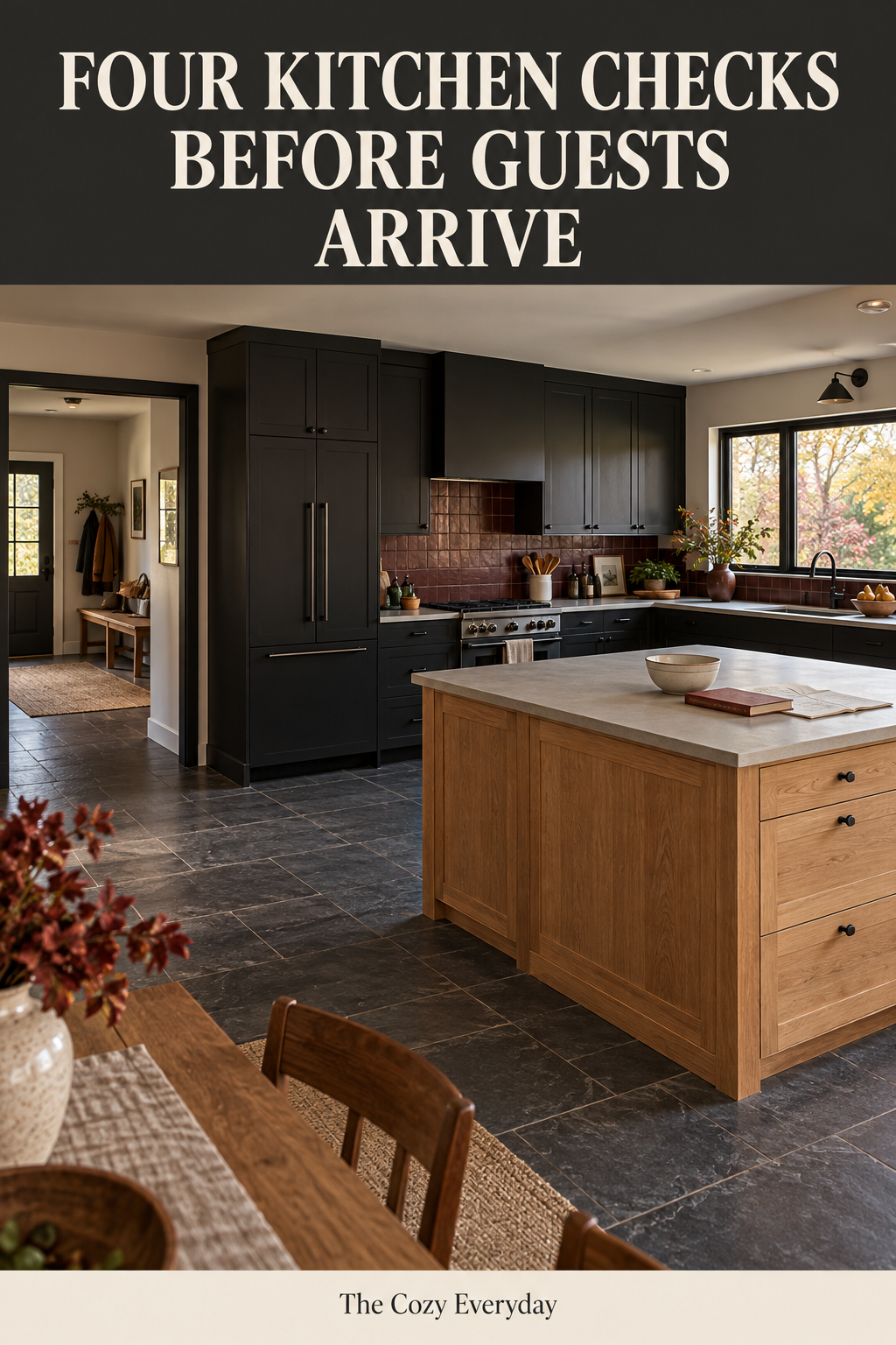 Charcoal L-shaped kitchen with an oak island, pale worktop and window above the sink. A bowl, closed book and paper sit on the island. Headline: Four kitchen checks before guests arrive.