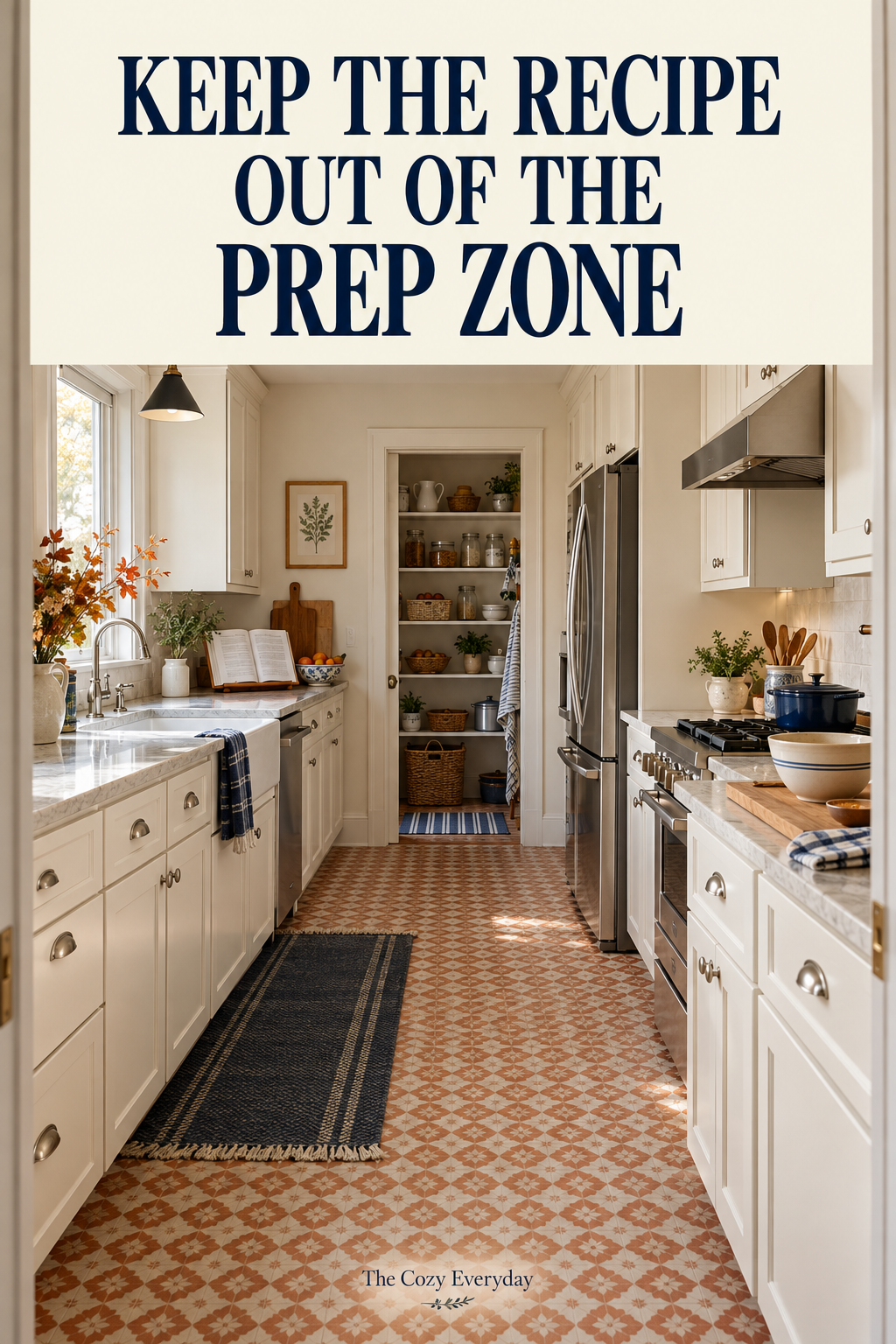 Cream parallel galley kitchen with an open pantry, orange patterned floor and open cookbook at the far left. Headline: Keep the recipe out of the prep zone.
