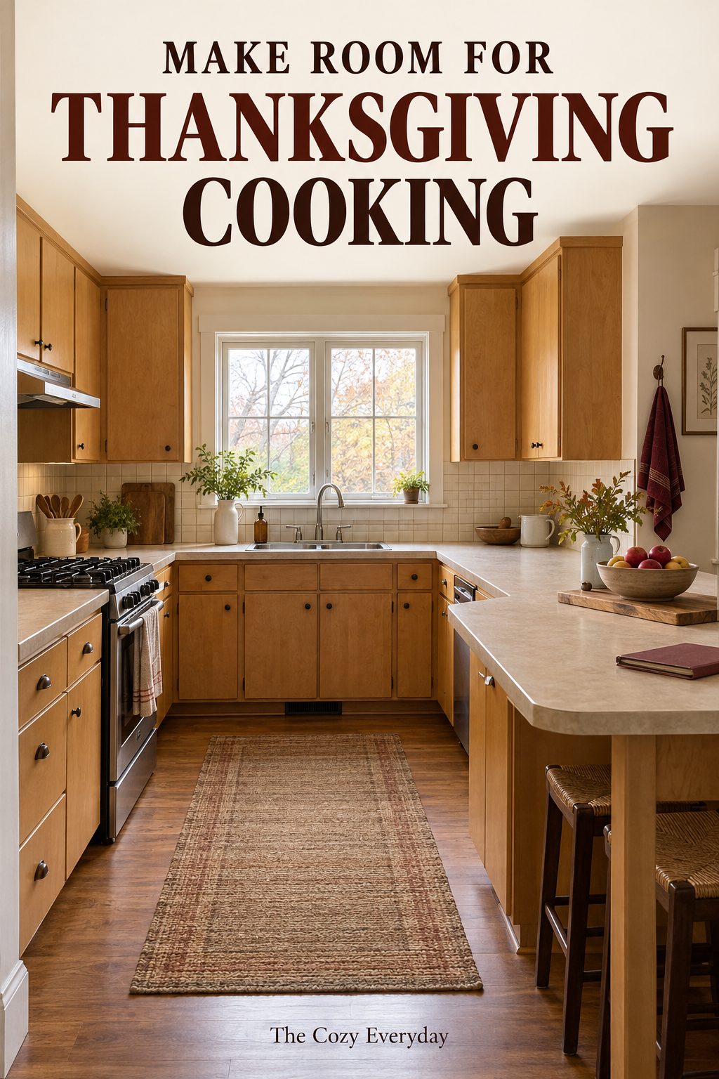 Maple-cabinet U-shaped kitchen with a clear peninsula, sink beneath a window and fall foliage outside. Headline: Make room for Thanksgiving cooking.