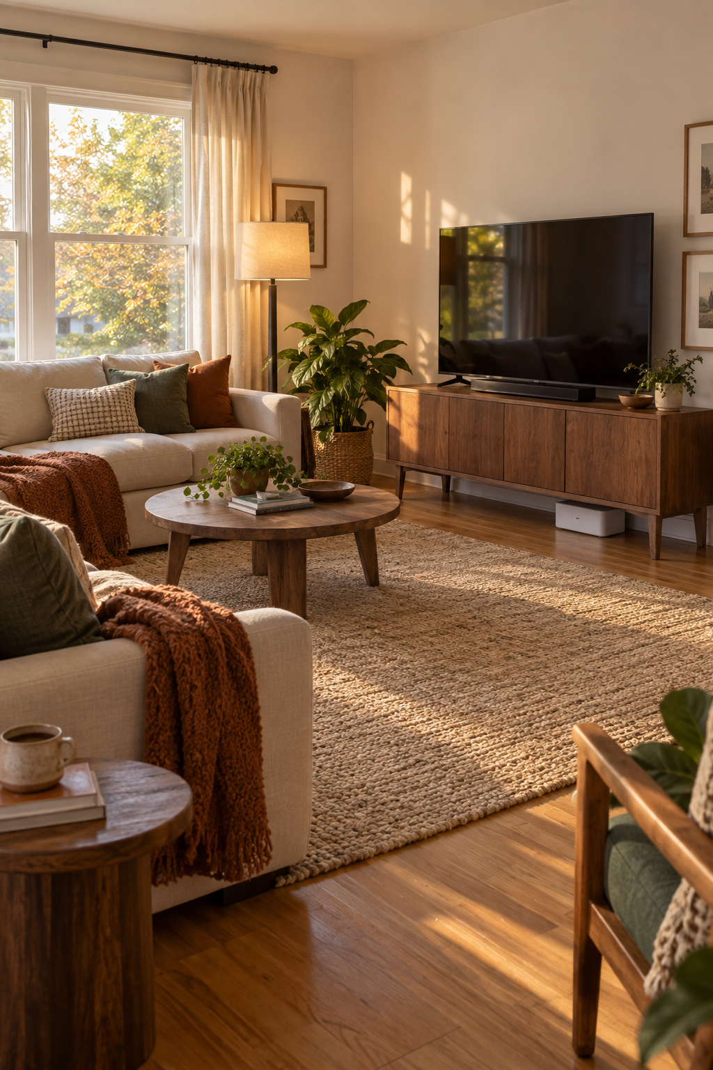 AI-generated wide editorial view of a warm early-fall living room with a cream sofa, wood media console, layered lamps, open walking space, and a small unbranded white cable-management box near the console
