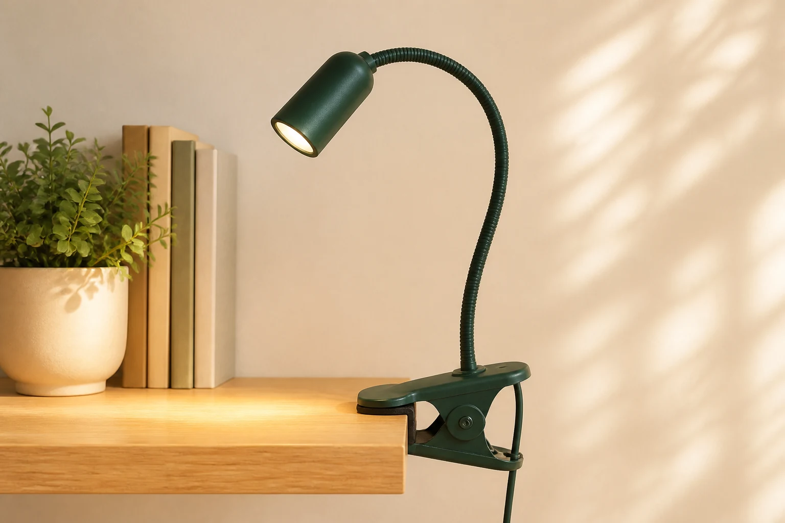 Original product-focused visual of a green clip-on reading light with its clamp and flexible neck fully visible