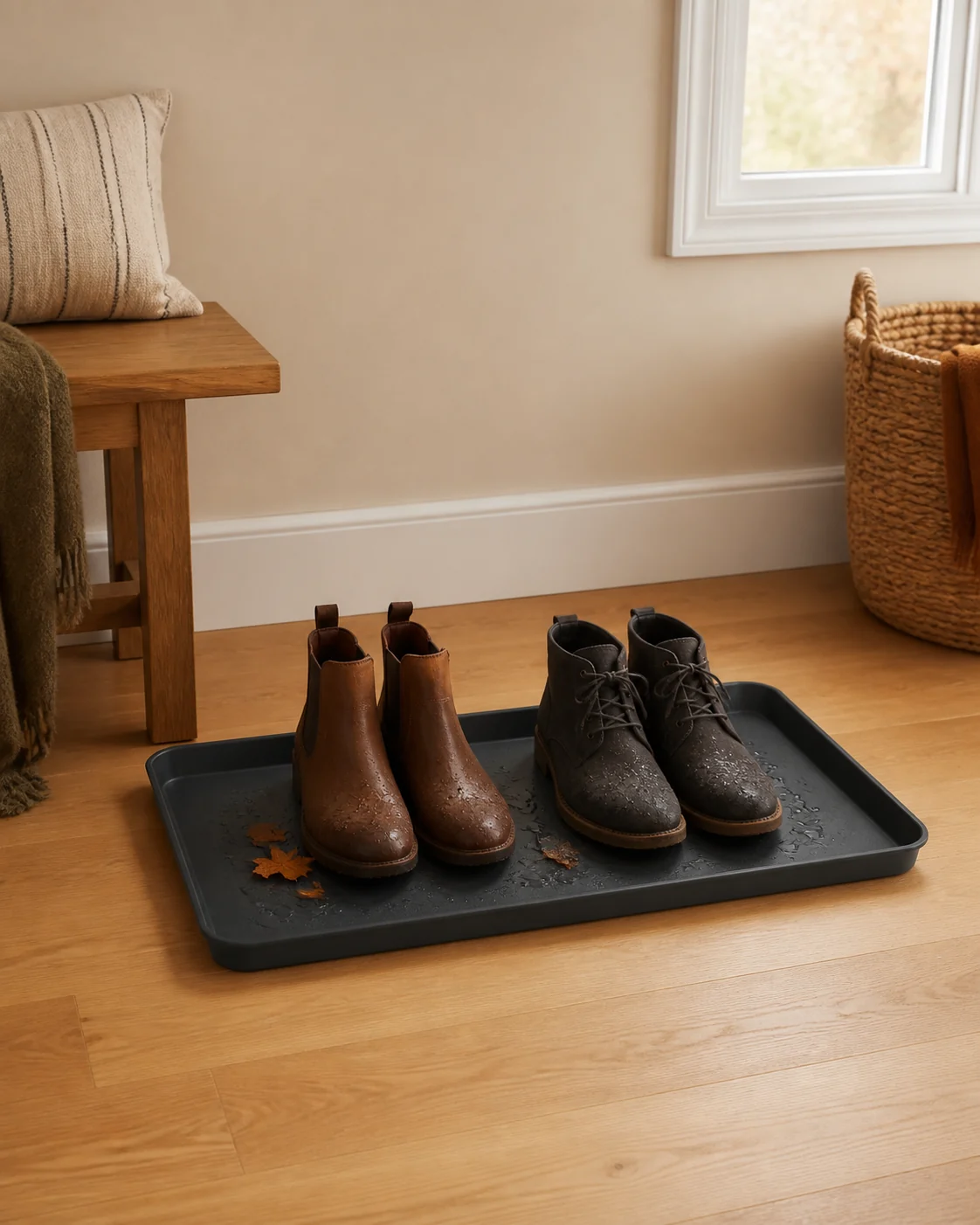 Original editorial image of a fully visible unbranded black boot tray containing two pairs of damp fall shoes beside a dry entryway floor