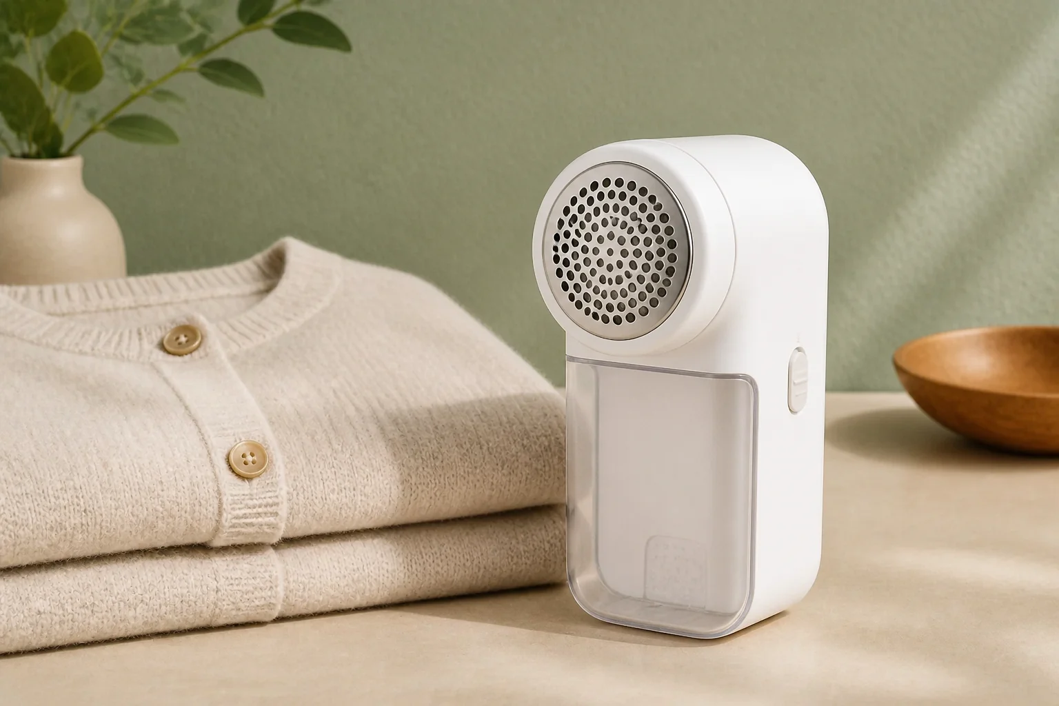 Original product-focused visual of an unbranded white fabric shaver, fully visible beside folded oatmeal knitwear