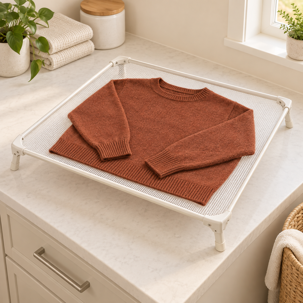 AI-generated editorial illustration of an unbranded square mesh sweater-drying rack with its frame, feet and rust-colored sweater fully visible