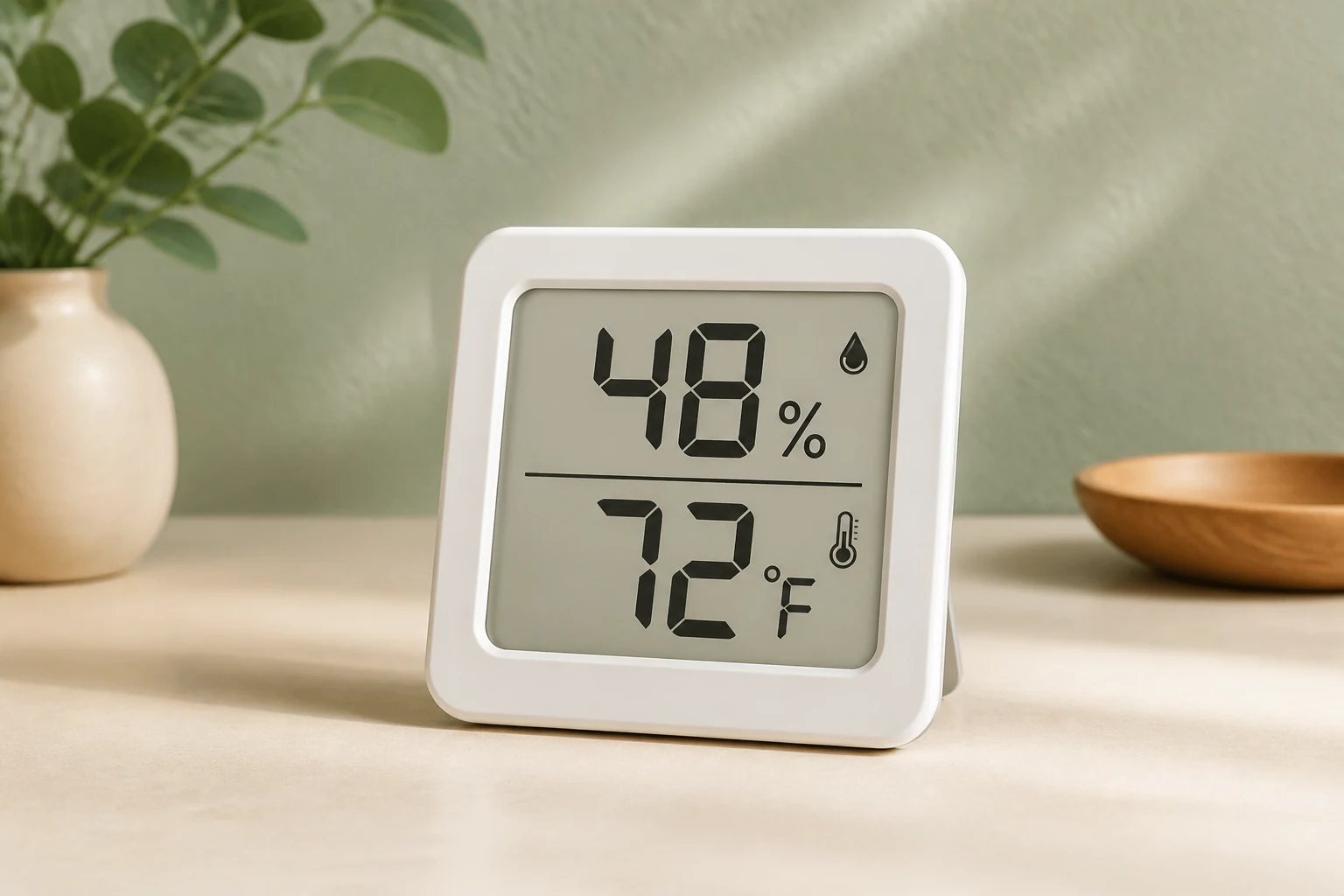 Original product-focused visual of a small digital humidity and temperature gauge, fully visible on a cream surface