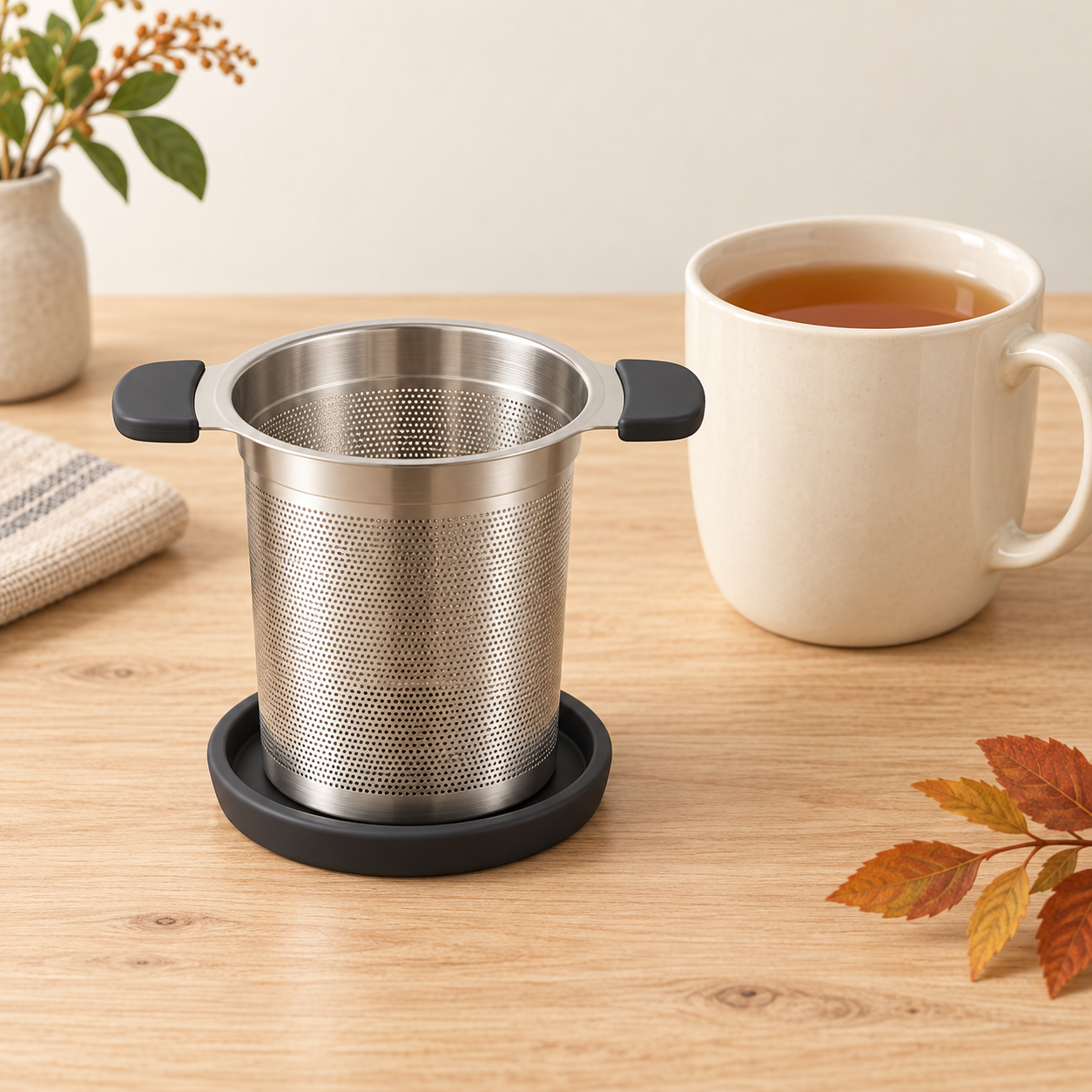 AI-generated editorial illustration of an unbranded stainless-steel tea infuser basket, its lid and a compatible mug fully visible