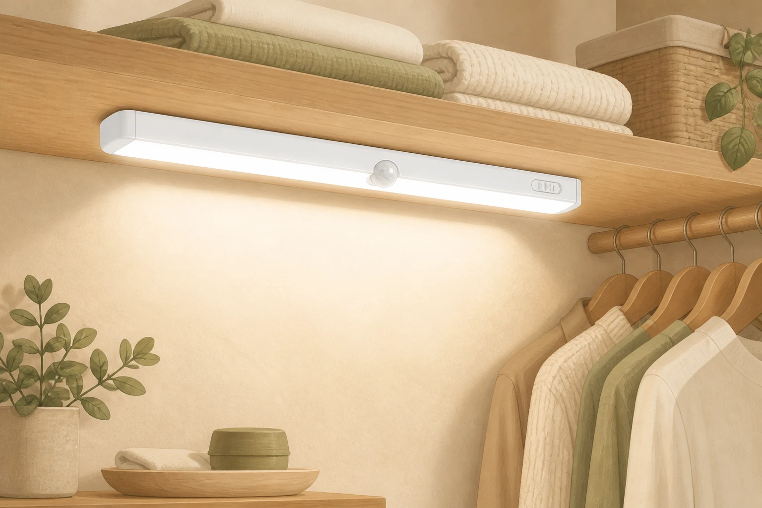Original editorial illustration of an unbranded rechargeable motion-sensor light fully visible beneath a closet shelf