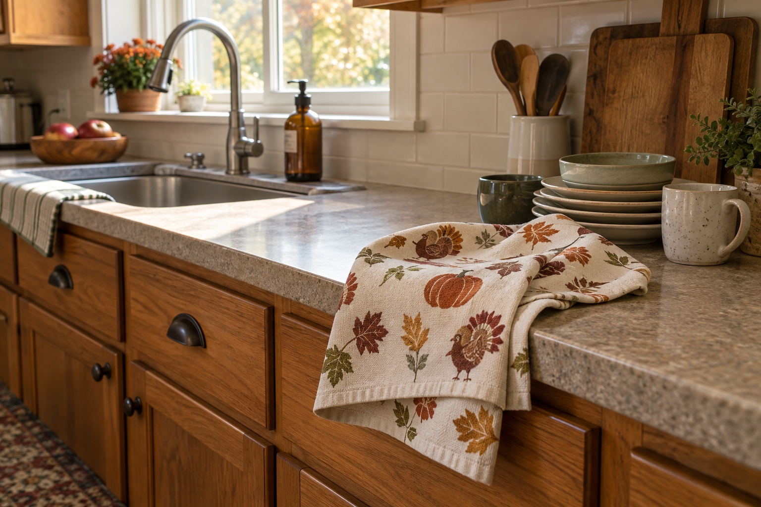 AI-generated autumn kitchen styling concept with a cotton towel near a clear work surface; any illustrated print is approximate, not the exact recommended product