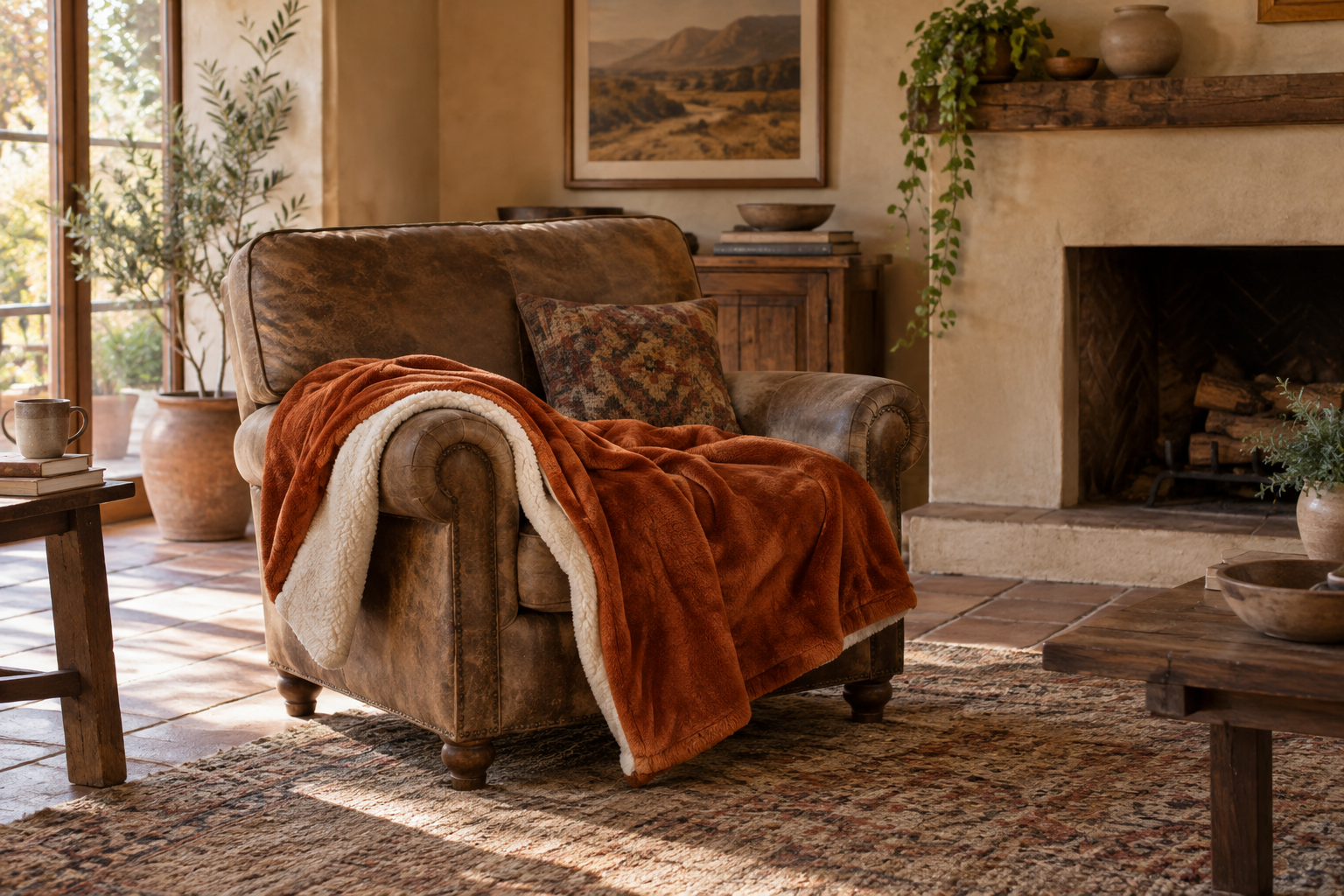 AI-generated evening-room styling concept with a burnt-orange throw beside a reading seat; not an exact product photograph or a tested warmth demonstration