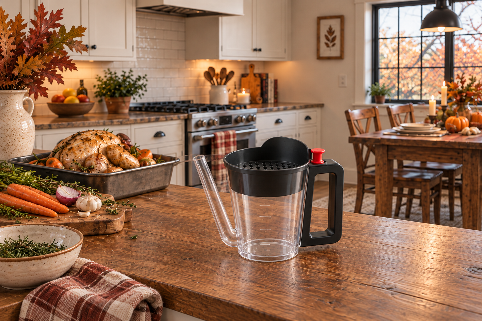 AI-generated fall-kitchen styling concept with an empty unbranded fat-separator jug on a clear counter; not an exact product photograph or a demonstration of separation