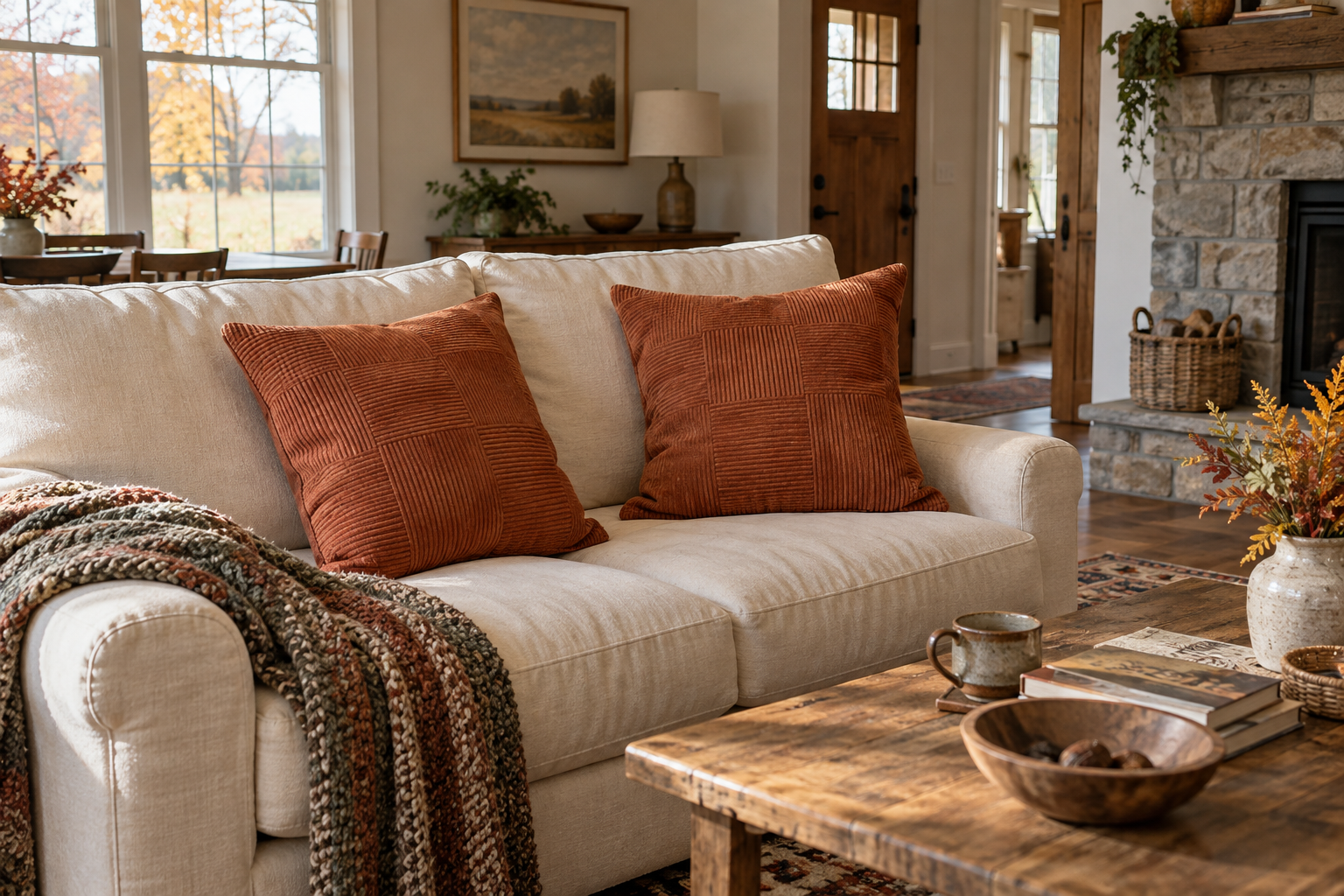 AI-generated living-room styling concept with two rust-colored textured cushions on a usable sofa; not an exact product photograph and inserts are not included with the recommended covers