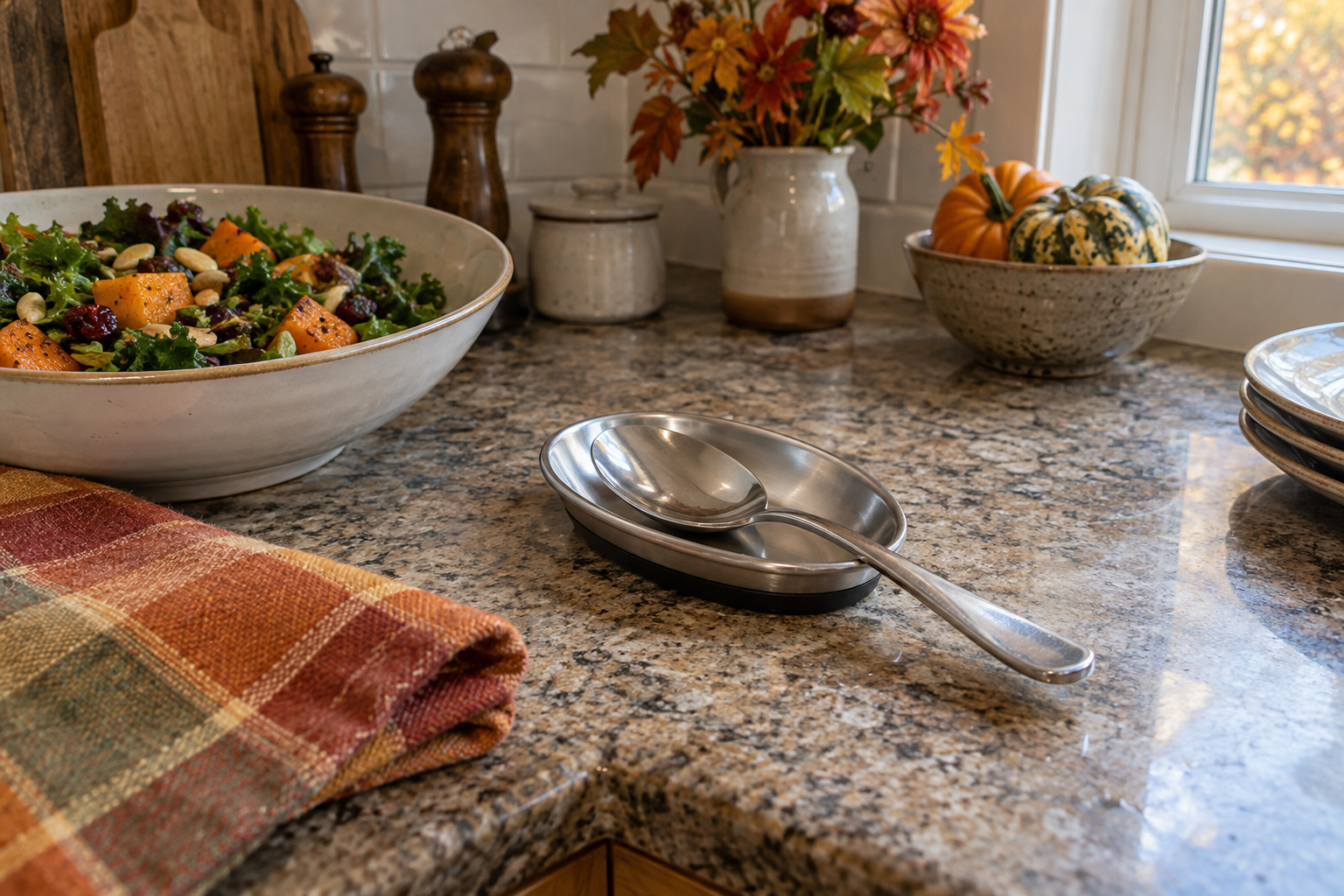 AI-generated autumn kitchen styling concept with an unbranded stainless-steel utensil rest beside a serving dish; not an exact product photograph