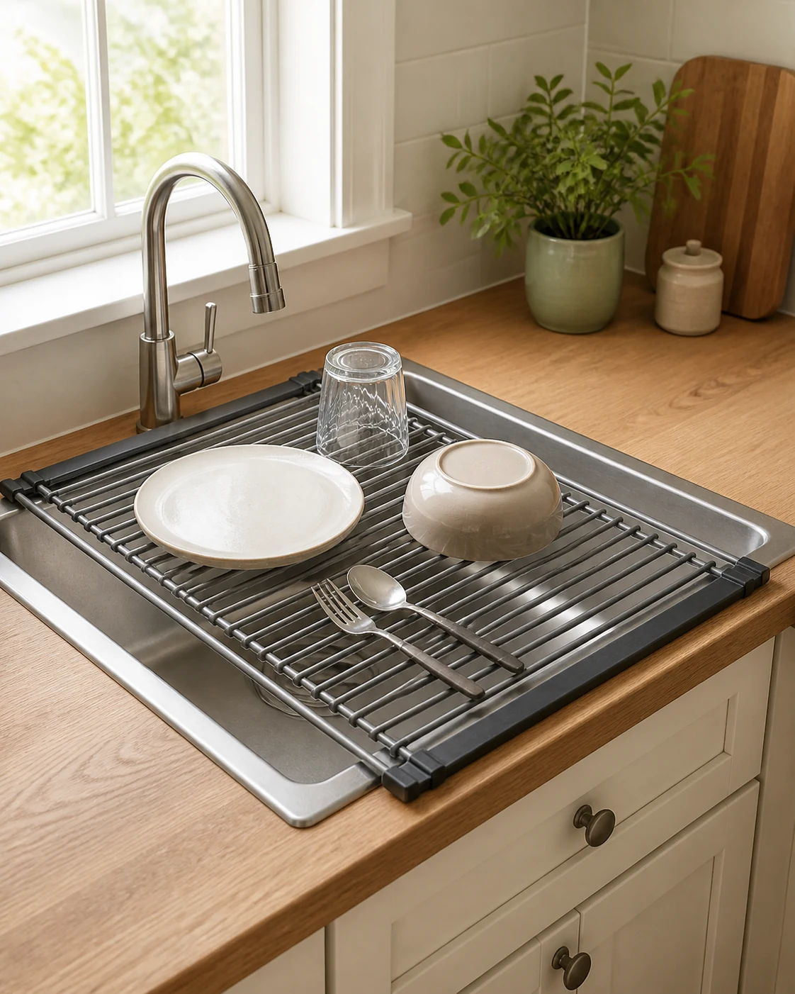 Original editorial image of a fully visible unbranded roll-up drying rack spanning a small kitchen sink with a plate, bowl, glass, and cutlery