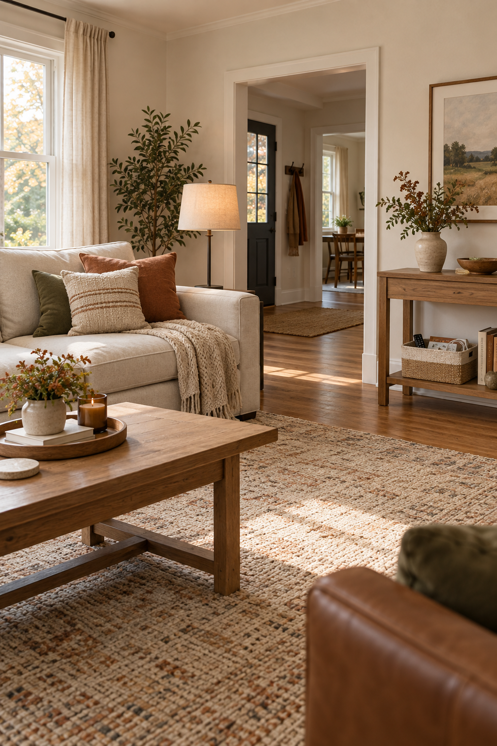 AI-generated wide editorial view of a warm early-fall living room with a cream sofa, wood coffee table, clear floor path, and a honey-and-off-white woven shelf basket holding a remote, charging cable, and magazine
