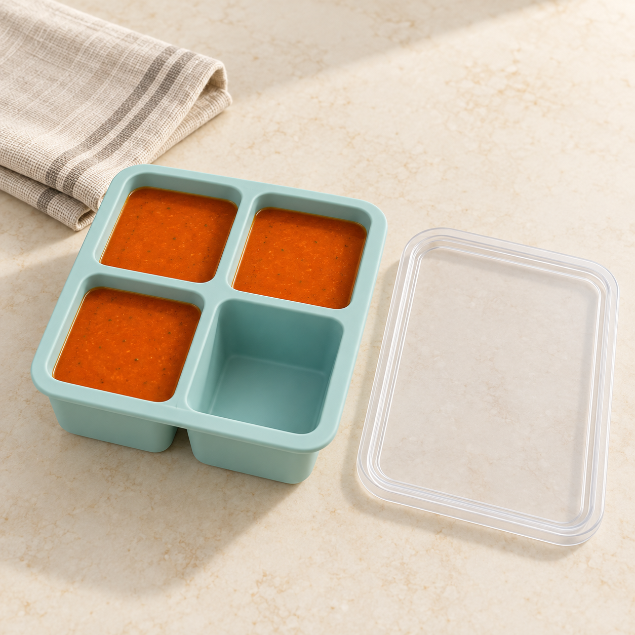 AI-generated editorial illustration of an unbranded pale-aqua four-well freezer tray with three soup portions and its lid fully visible