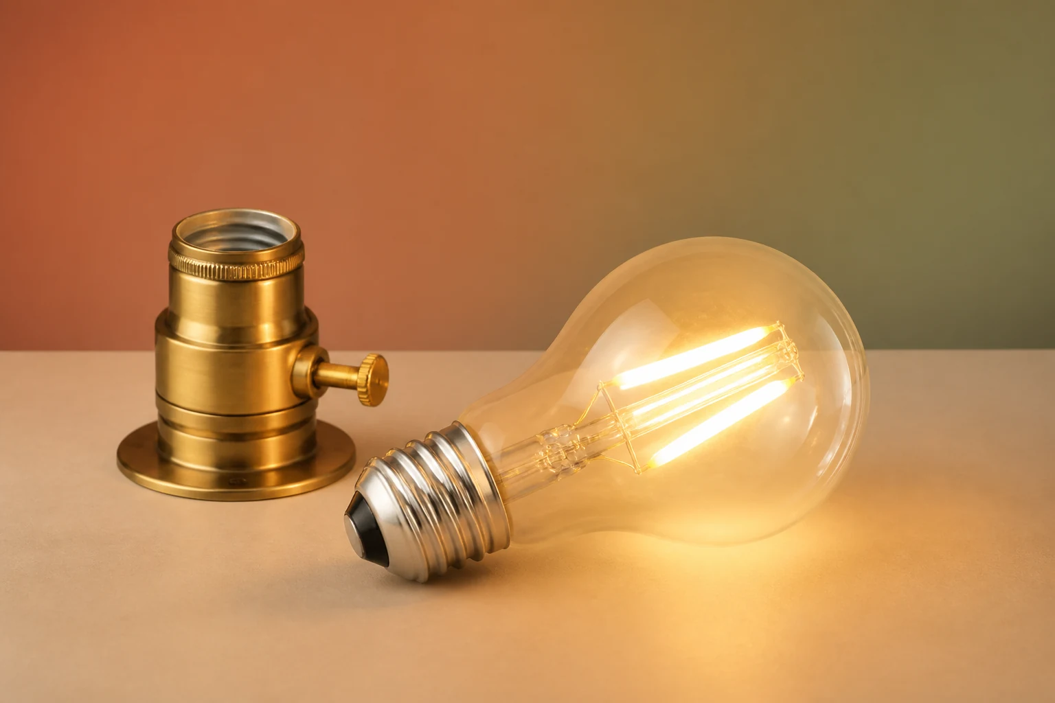 Original product-focused visual of a warm-glow LED bulb beside a brass lamp socket